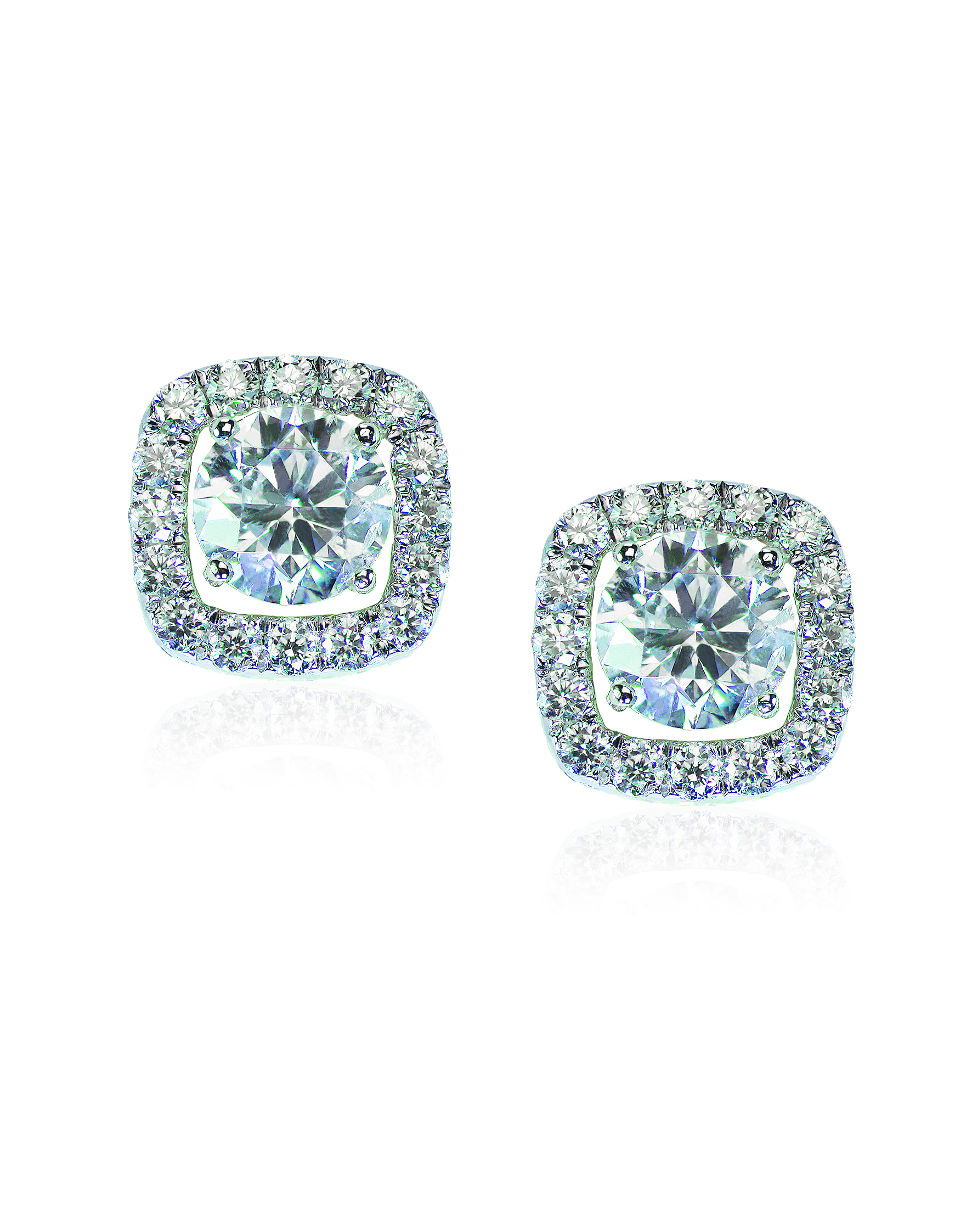 Beautiful Halo Diamond Stud earrings with reflection isolated on white